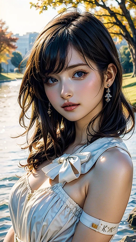 (8k, Highest quality, masterpiece:1.2),(Highest quality:1.2), (Ultra-high resolution:1.0), watercolor, Beautiful woman, shoulder, Hair Ribbon, Agnes Cecil, Half Body Portrait, Very bright and luminous design, pastel colour, (ink:1.3), Autumn Light,