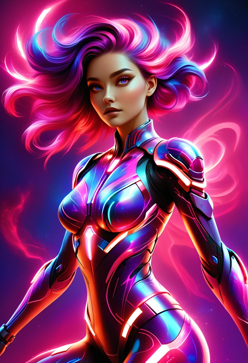 A neon goddess, intricate cyborg body, glowing circuitry, ethereal and otherworldly beauty, vibrant neon colors, pink, blue, purple, striking pose, dramatic lighting, futuristic, digital art, 8k, highly detailed, photorealistic, cinematic, dramatic