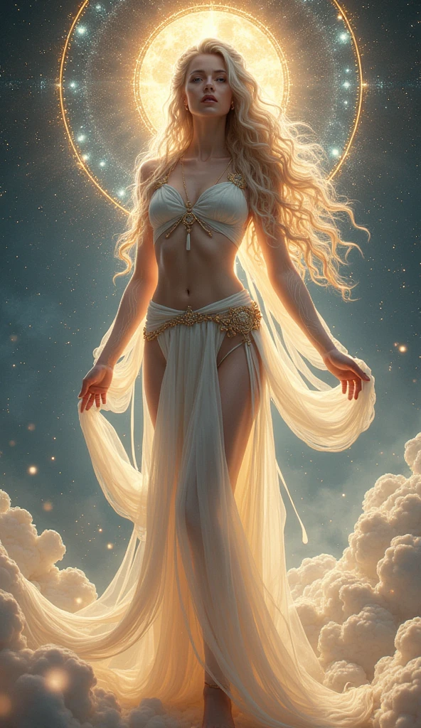 (masterpiece, high detail, high resolution, art style by Greg Rutkowski, depth of field), ((setting: high in the clouds)), (a naked woman floating in the air between volumetric clouds, high in the sky, billowing hair, (background: clouds in the sky), ((pale skin sparkles in sunlight)), (voluminous thick long shimmering hair: 1.8), sensual, (small breasts: 1.9), (small butt: 1.9), full body view, ((bright background), (gentle smile), relaxed, detailed, (volumetric, level difference detail), warm sharp sunlight, clear air, windy, backlight, contour light, strong but seductive, (((alone))), vibrant colours, flowy white transparent silk fabric around her waist only, (((entire body))) visible, feet in the shot, one sunlight arc in the background