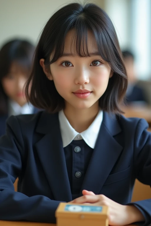 Highest quality, Face Focus, Soft Light, Ultra-high resolution, (Realistic:1.4), RAW Photos, 1 Japan, alone, cute, (A shy smile:0.5), (Brown eyes, Light in your eyes), Beautiful face in every detail, (Small box),(High resolution detail of human skin texture), (Short Bob Hair), break, In the classroom,Navy uniform, Best, skirt