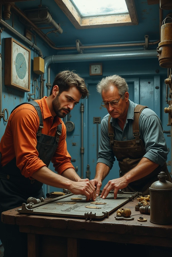 A young man and a middle-aged man are working hard together. Inside a ship.