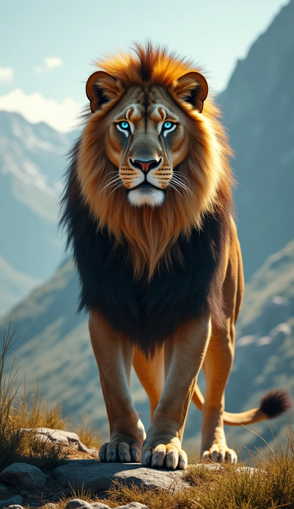 Generate an ultra realistic 8k image of a lion with blue eyes, strong and beautiful, big and beautiful place