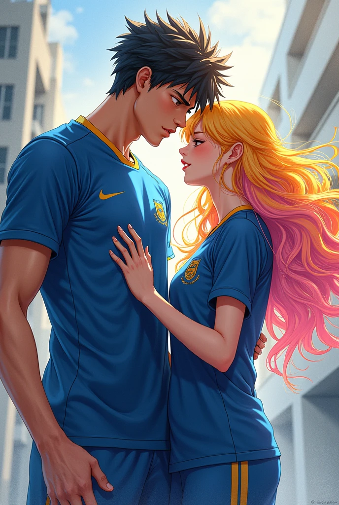Rin itoshi (blue lock) dan gadis berambut kuning gradasi pink 