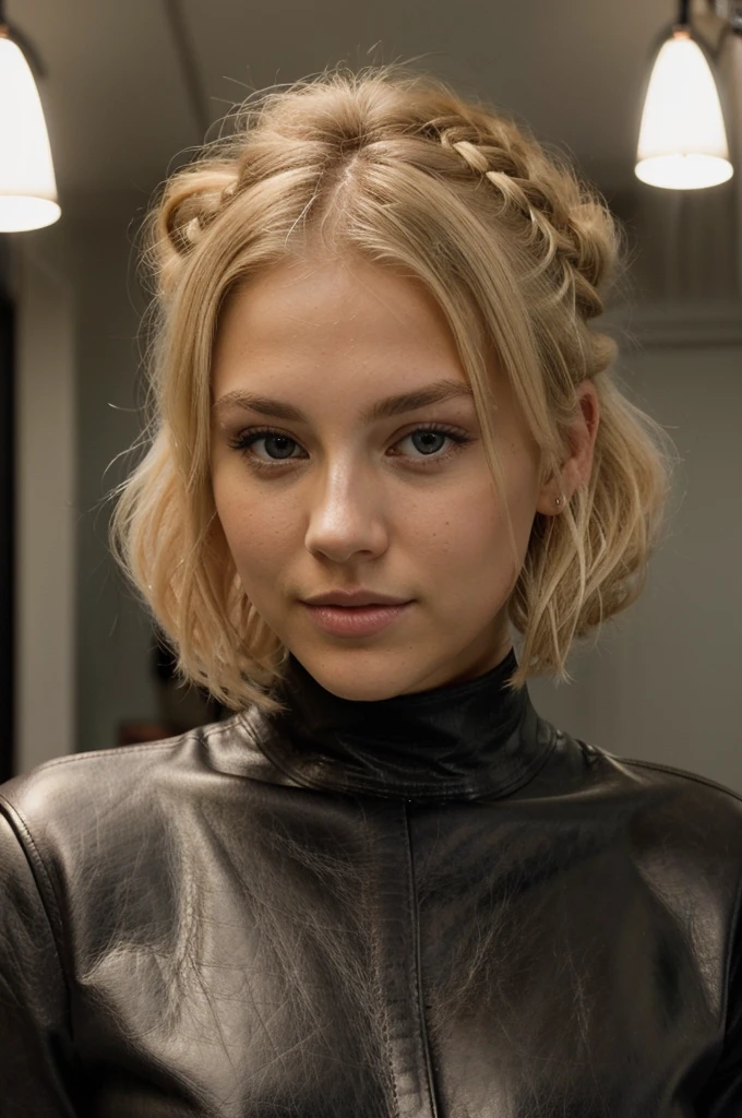 blonde woman making eye contact with hair, gathered in a bun, ultra structured leather, good lighting, full face, looks at the camera