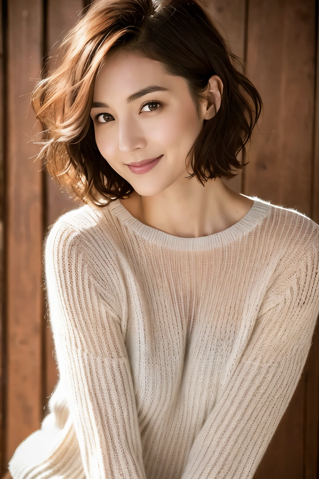 ((Highest quality)), Photorealistic, 8k, Woman with beautiful face, One person, Professional photos, Very detailed and beautiful eyes, Clear contours, Sex Appeal, A light smile, Perfect body, See-through knit top, ((short hair)), Shapely bust, Tight fit, ((Looking at the camera))