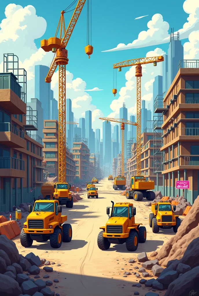"Illustrate a bustling construction site filled with various vehicles for an I Spy game."
"Create a vibrant scene with diggers, loaders, and cranes hidden for spotting."
"Design an interactive construction area where children can find different vehicles."
"Draw a colorful city under construction, with secret vehicles to discover."
"Illustrate a busy roadwork setting filled with hidden construction machines."