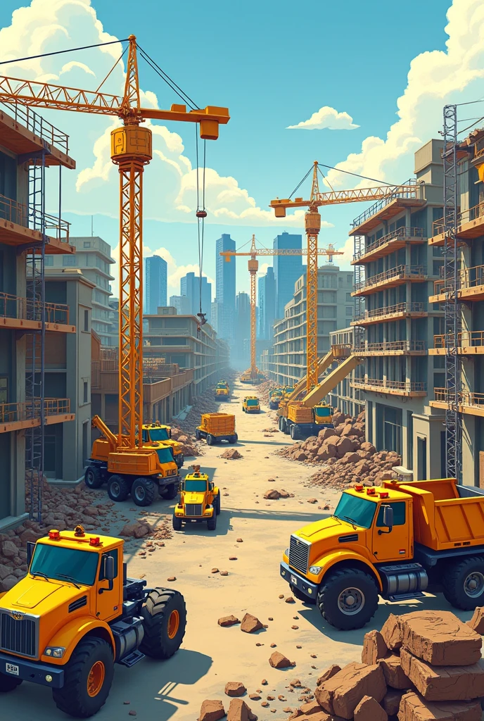 "Illustrate a bustling construction site filled with various vehicles for an I Spy game."
"Create a vibrant scene with diggers, loaders, and cranes hidden for spotting."
"Design an interactive construction area where children can find different vehicles."
"Draw a colorful city under construction, with secret vehicles to discover."
"Illustrate a busy roadwork setting filled with hidden construction machines."
