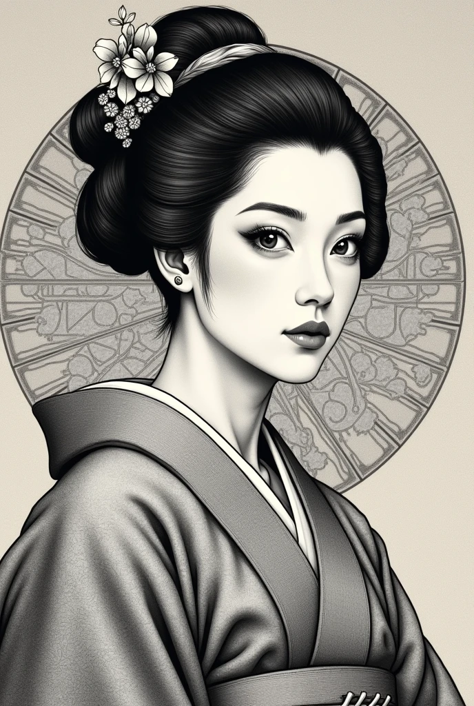 Portrait of a banknote, one man, intelligent Japanese woman, monochrome, kimono