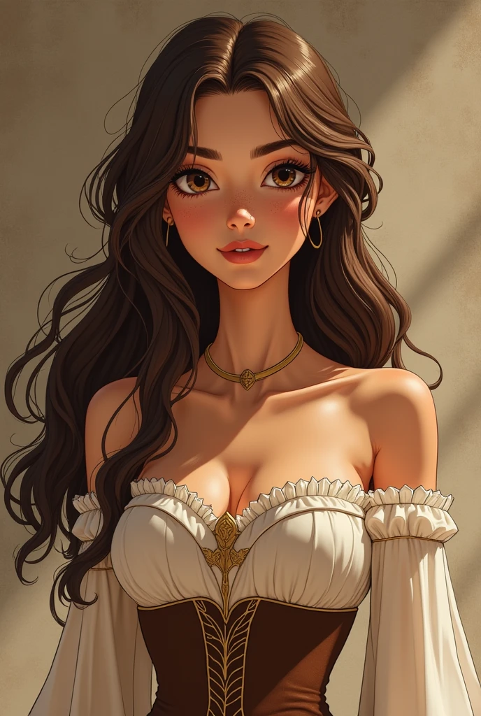 princesselise, stark, brava, feminine, femininity, white, medium brown hair, long hair, Wavy hair, medium brown eyes, nose hand is thin, White, few freckles on the nose, not very thin, round face, drawning, animation, Round face, dress closed to the neck, high collar dress, princess of the ancient world