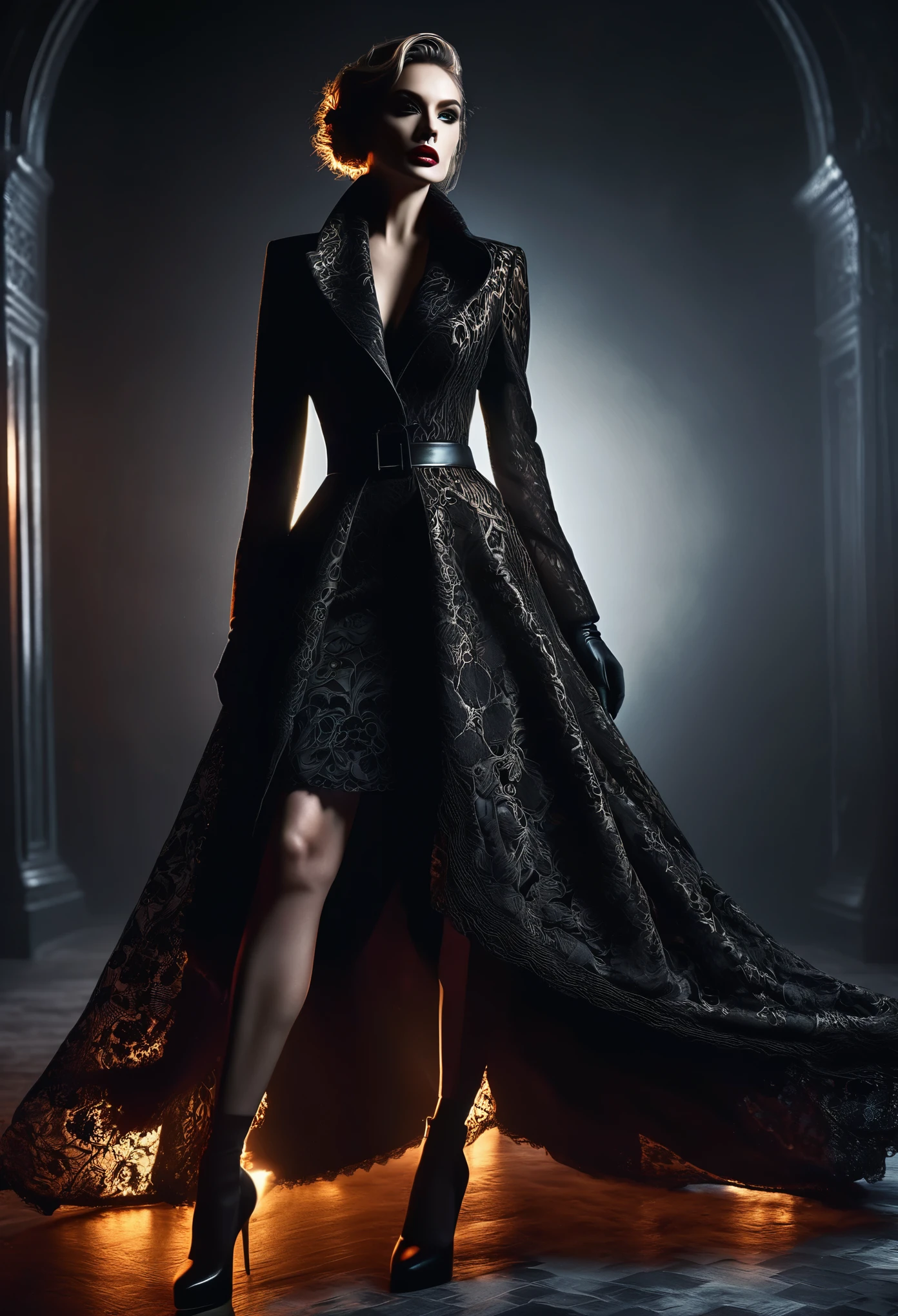 a black dress, black coat, black high heels, black leather gloves, black lace scarf, detailed intricate gothic black lace pattern, dramatic dark cinematic lighting, dramatic moody lighting, dark and moody atmosphere, muted color palette, chiaroscuro lighting, (best quality,4k,8k,highres,masterpiece:1.2),ultra-detailed,(realistic,photorealistic,photo-realistic:1.37)