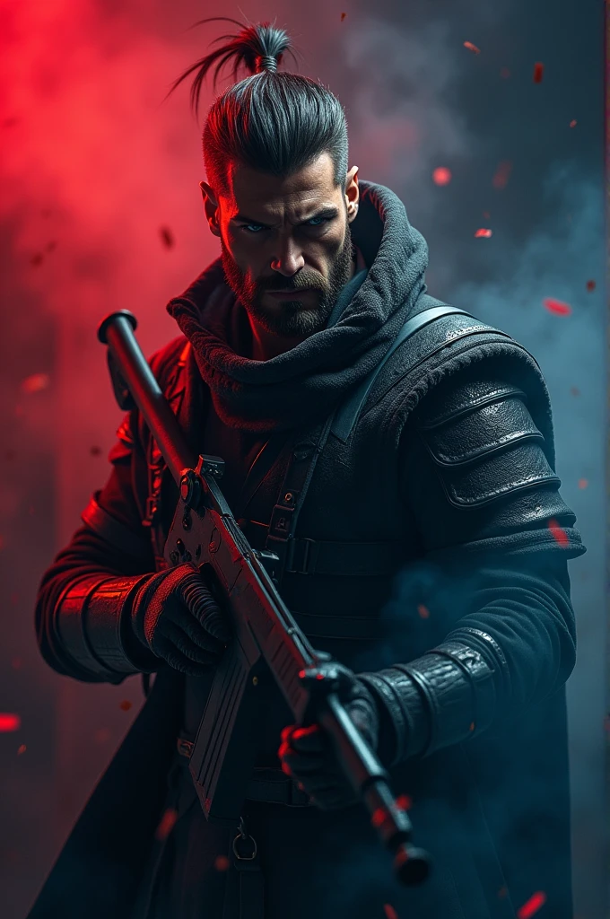 ((best quality)), ((masterpiece)), (detailed), perfect face image for game frame of a dangerous man with weapons in a war with angry mood and body language , with smokey red , blue and black back ground wearing a war costume
