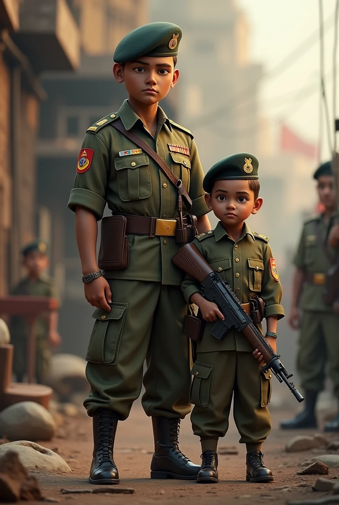 Create 3d image of fauji hand of gun and stand up the boy age 18 of background fauji top and together of a boy name tarun fauji