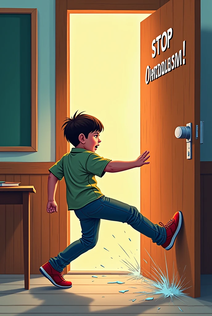make a poster with the words "stop vandalism!". there is a picture of a boy kicking the classroom door.*
