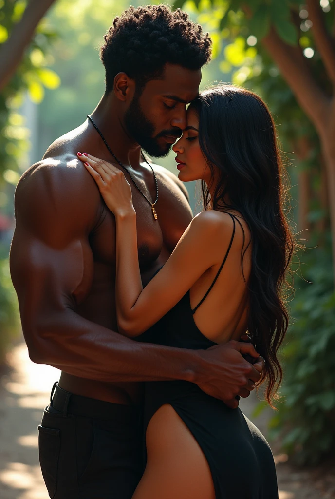 Hot Indian woman, sexy high slit dress, holded by tall, muscular african man infront of other man,outdoor
