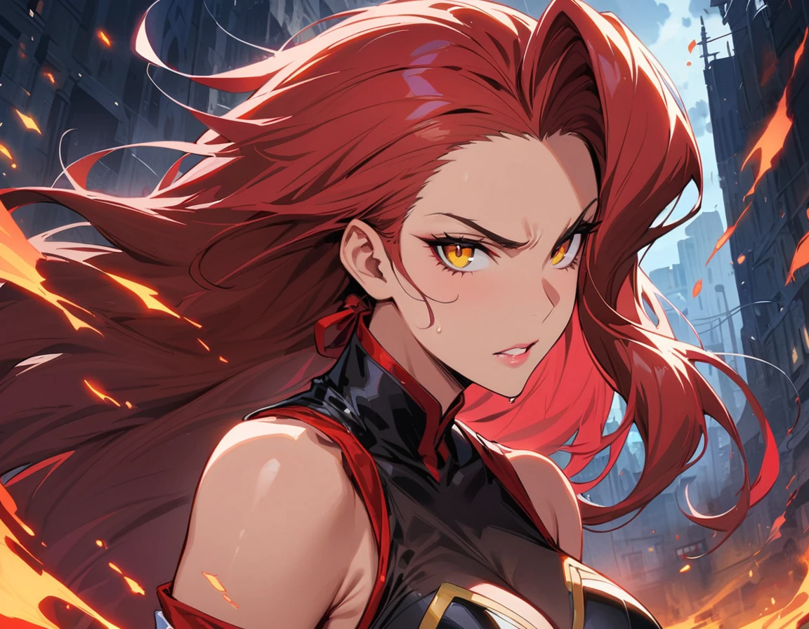 Long red hair, yellow eyes, evil, sexy, black and red clothes, tied hair, cute hairstyle, evil face, evil, serious look, gloss lips, sit, sinister, front look, bloody, gloves, beautiful eyes, short dress, big white, dark place, night, sensual, straigh hair cut, clear skin, evil, young 30 years girl, adult girl, solo, red, very long hair, HAIR DOWN, ANKLE LENGTH HAIR, FIERCE EXPRESSION, villain, handsome older WOMAN,crimson-eyes,crimson pupils,Long CRIMSONhair,Hyperresolution,accuracy,Detailed rendering,(Subtle facial image)(Image of fine hair)(topquality)(Masterpieces of masters)(High degree of completeness)(A sense of atmosphere)tmasterpiece,Super detailed and super detailed(portrait))(((Mature woman))) (((Villain))) (((Older female)))(((half body view)))(((Hair tied back into a long ponytail)))(((lATEX STREET FIGHTER OUTFIT)))
