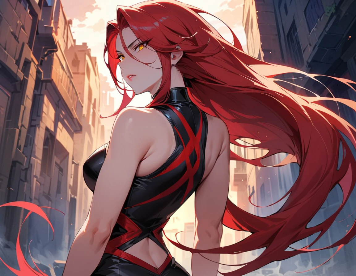 Long red hair, yellow eyes, evil, sexy, black and red clothes, tied hair, cute hairstyle, evil face, evil, serious look, gloss lips, sit, sinister, front look, bloody, gloves, beautiful eyes, short dress, big white, dark place, night, sensual, straigh hair cut, clear skin, evil, young 30 years girl, adult girl, solo, red, very long hair, HAIR DOWN, ANKLE LENGTH HAIR, FIERCE EXPRESSION, villain, handsome older WOMAN，crimson-eyes，crimson pupils，Long CRIMSONhair，Hyperresolution，accuracy，Detailed rendering，（Subtle facial image）（Image of fine hair）（topquality）（Masterpieces of masters）（High degree of completeness）（A sense of atmosphere）tmasterpiece，Super detailed and super detailed（portrait))(((Mature woman))) (((Villain))) (((Older female)))(((half body view)))(((Hair tied back into a long ponytail)))(((lATEX STREET FIGHTER OUTFIT)))