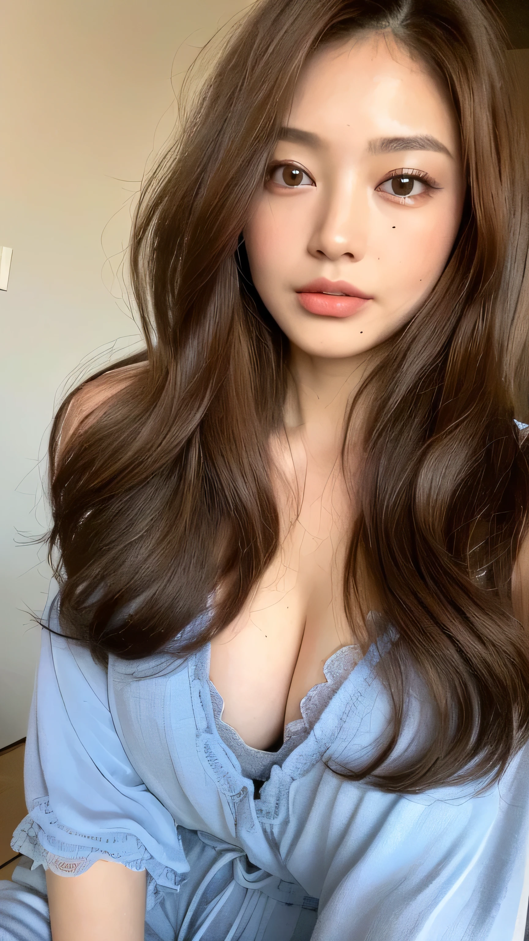 ((Highest quality, 8k, masterpiece: 1.3)), 1 female, Japanese ,Sensual beauty: 1.3, (Hair style Brown hair Medium wave, big: 1.2), Nightwear: 1.1, Super Slender Face, Delicate eyes, double eyelid, Dimples,Mole, Home,Plump body, Cleava thick legs, Cowboys photographed from the air