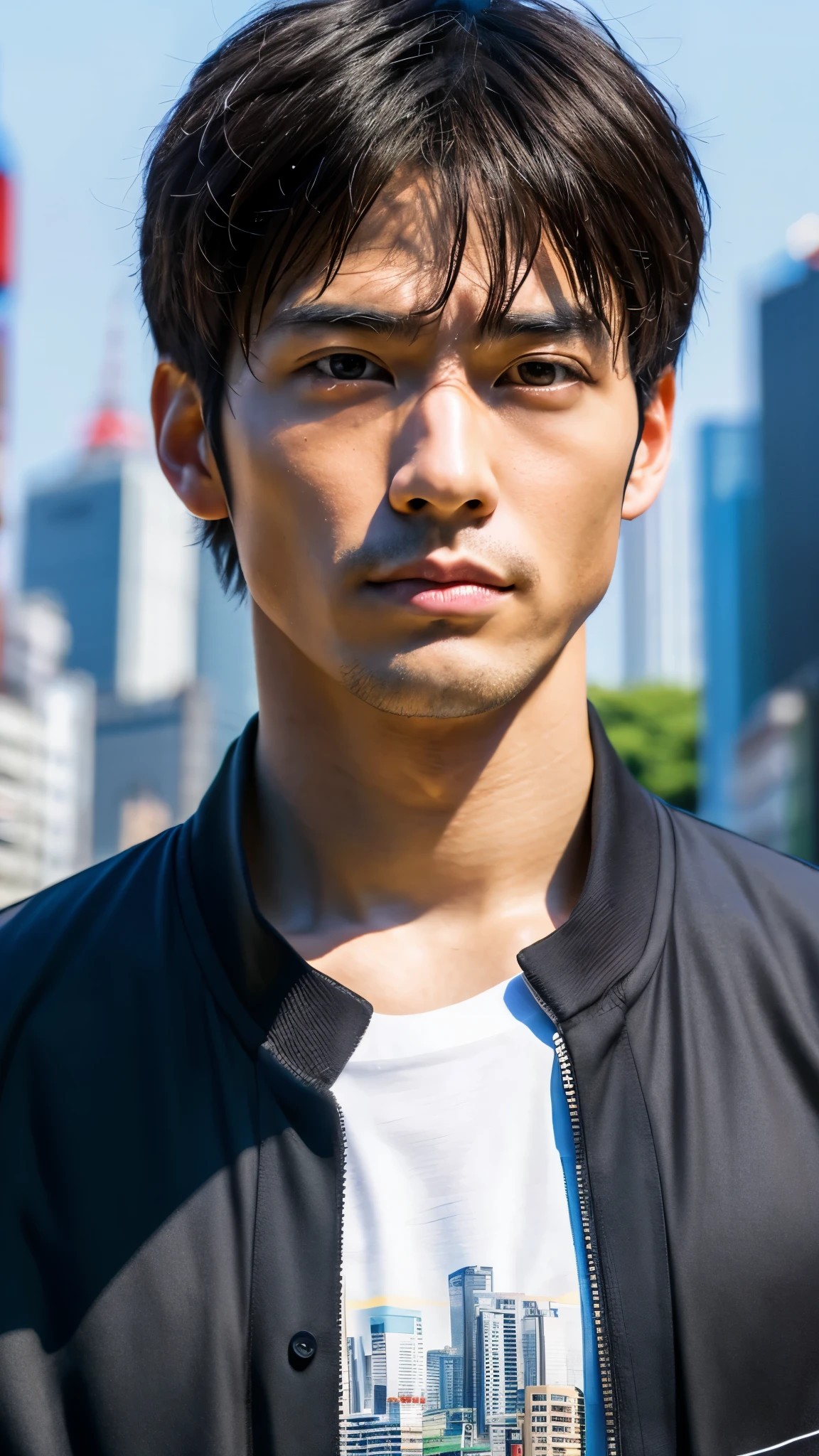 Photorealistic, 8K full-body poster, Handsome man, Japanese, 1 male, Serious expression, Sharp Eyes, Attractive look, Detailed facial details, Tokyo, summer, T-Shirts, Shibuya in the background