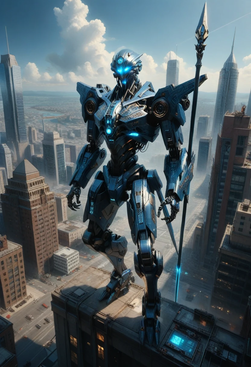 high definition, sky, clouds, spear weapon, glowing, state-of-the-art robot, building, glowing eyes, state-of-the-art mech, science fiction, city, real, blue main mech, core on chest,like Poseidon,
