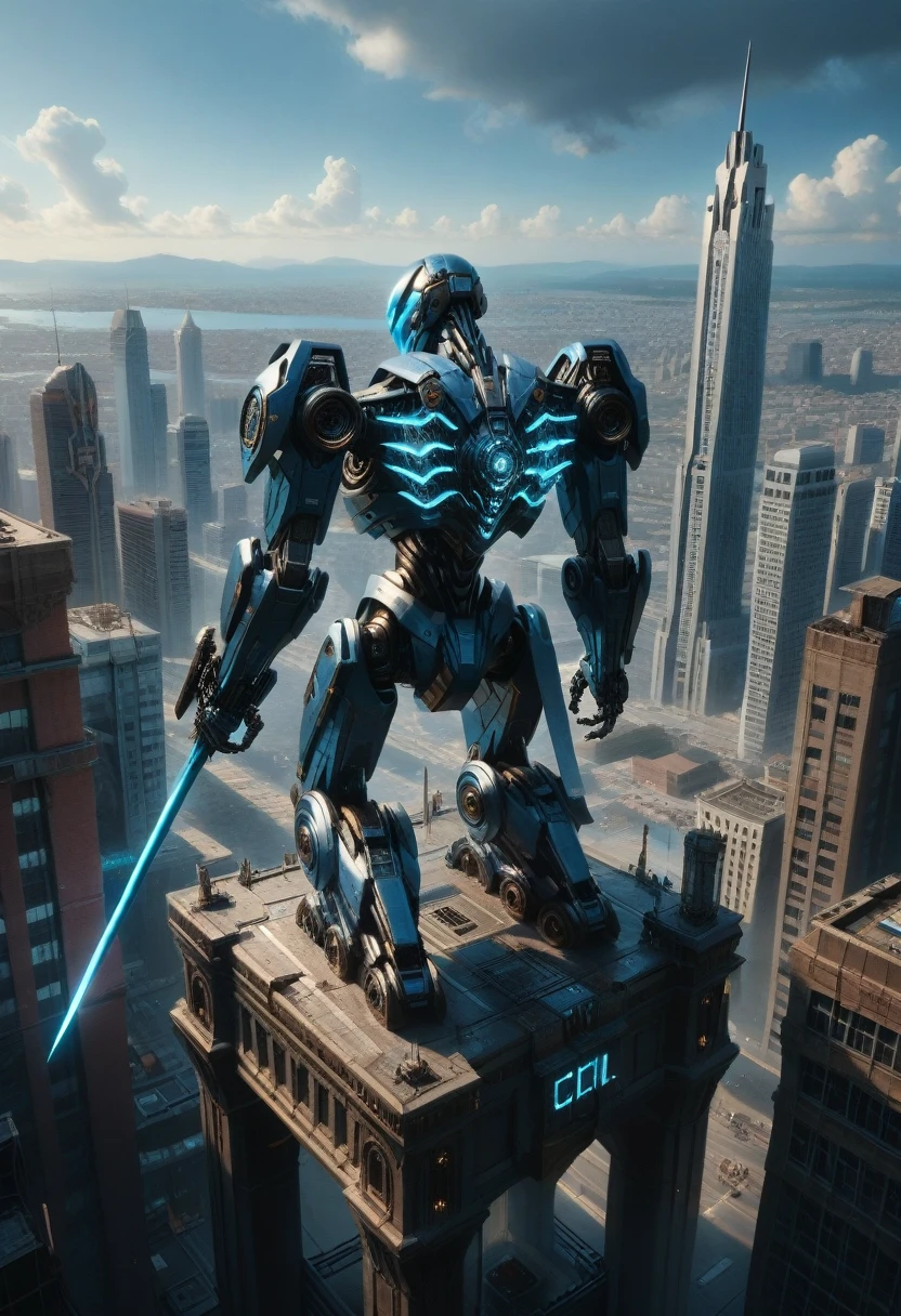 high definition, sky, clouds, spear weapon, glowing, state-of-the-art robot, building, glowing eyes, state-of-the-art mech, science fiction, city, real, blue main mech, core on chest,like Poseidon,