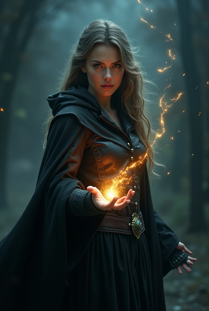 A Russian woman with light in her hand and eyes and surrounded with dark energy and she has a dark clothes with cloak and dress made with leather
