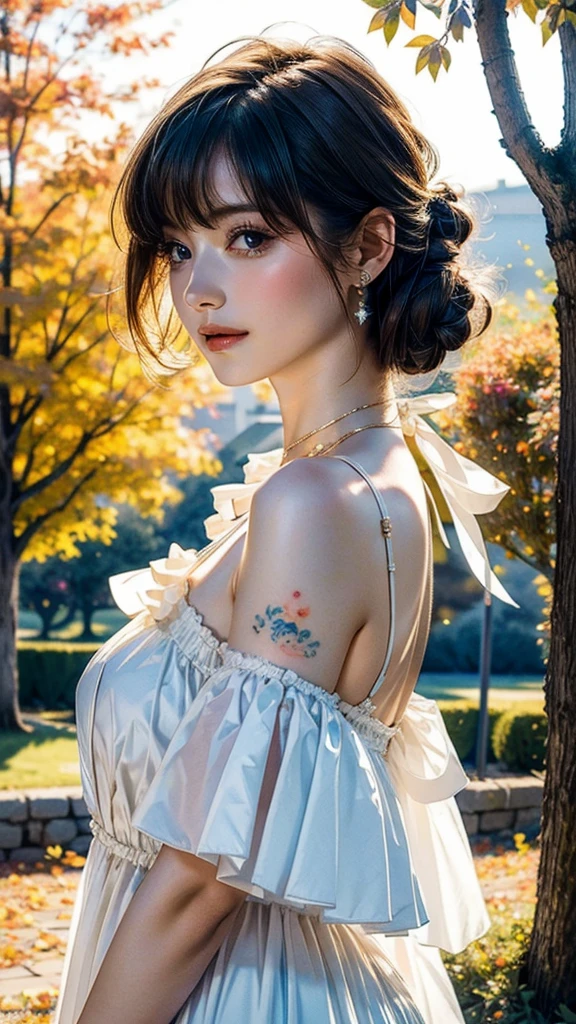 (8k, Highest quality, masterpiece:1.2),(Highest quality:1.2), (Ultra-high resolution:1.0), watercolor, Beautiful woman, shoulder, Hair Ribbon, Agnes Cecil, Half Body Portrait, Very bright and luminous design, pastel colour, (ink:1.3), Autumn Light,