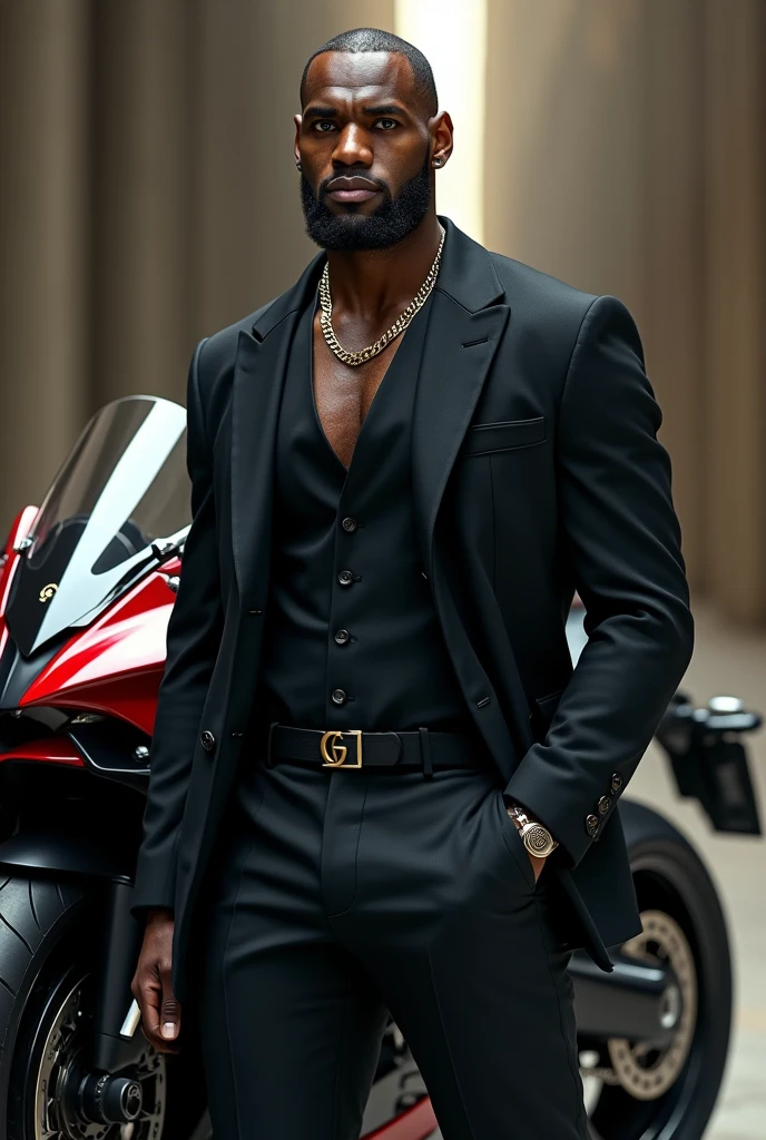 Labron James in black Gucci on a motorcycle 
