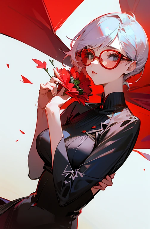 Cool women、sexy、holding a bouquet of flowers in both hands、Red glasses、