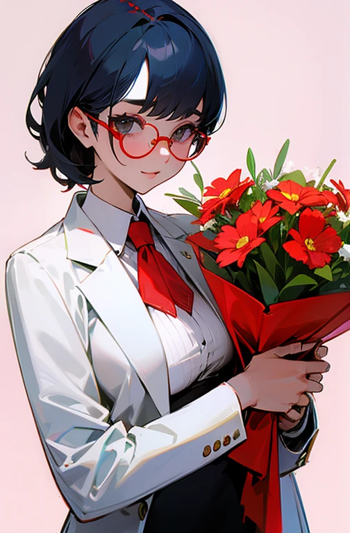 Cool women、sexy、holding a bouquet of flowers in both hands、Red glasses、
