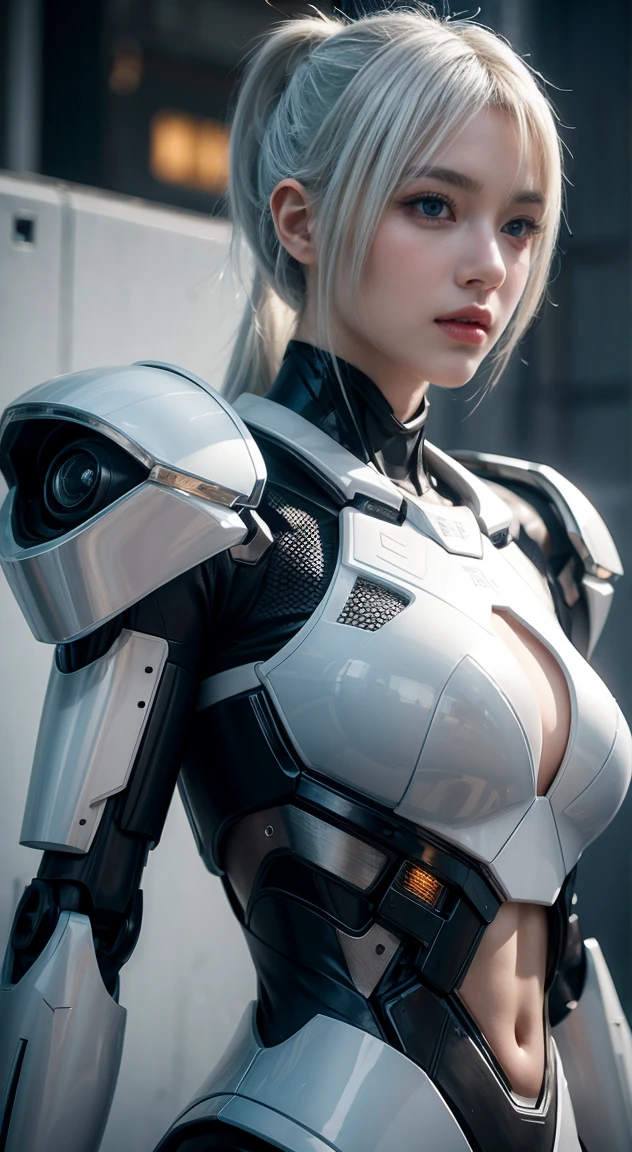 Futuristic female cyborg, 3D render. Anime-inspired, hyperrealistic style. White-haired humanoid in an intricate mecha suit. Low-angle shot, snowy backdrop. Detailed robotic armor with panels, joints, and weaponry. Stern expression, piercing eyes. Cool color palette, predominantly white and gray. Dramatic lighting enhances metallic textures. Sci-fi concept art with high-resolution detail. powerful, enigmatic. Artistic approach: a blend of cyberpunk and mecha genres.