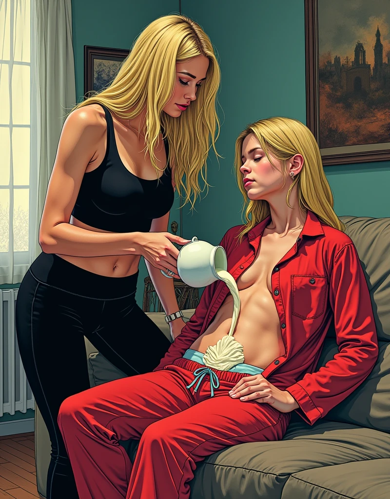 Norwegian mother pouring vanilla yogurt all over her age daughter's bare stomach, living room floor, vivd lurid colors, mother is wearing black, daughter is wearing red, very blond hair, style of Euro Fumetti comic books, Milo Manara, Jean Giraud, David Lynch, creepy, strange, bizarre, thick pen and ink lines, HD, 8x, intricate, retro,