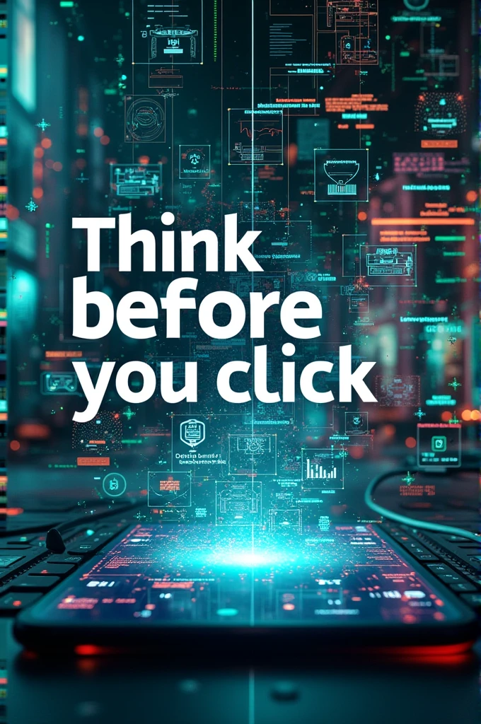 give me a poster slogan "THINK BEFORE YOU CLICK" with a cool/cute media background