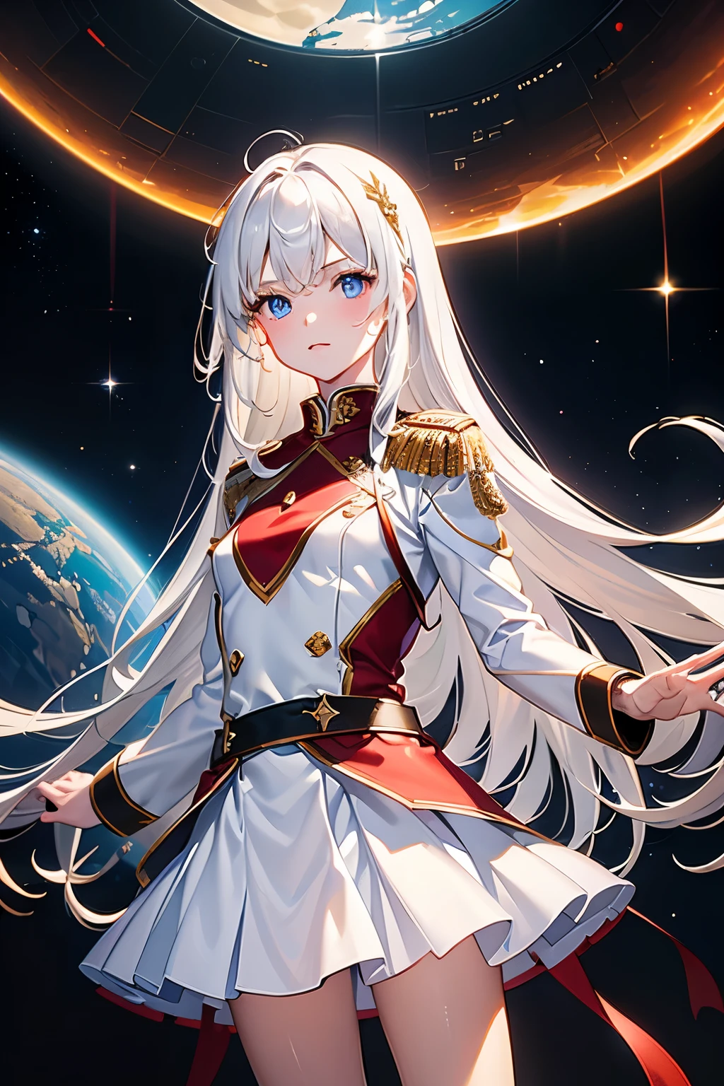 masterpiece,Highest quality,Very detailed,16 talented beautiful girls,Small breasts,White straight hair,Perfect Blue Eyes,very cute,Red military uniform,Sci-fi giant space city