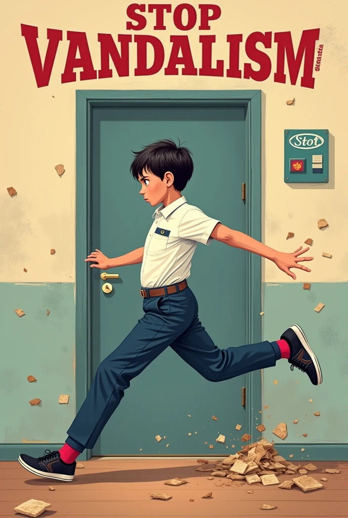 make a poster with the words "stop vandalism!". there is a picture of a boy wearing uniform, kicking the classroom door.*