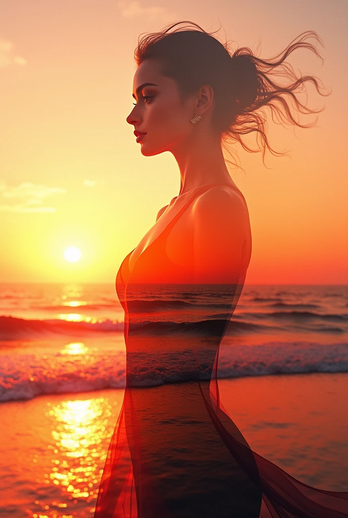 high quality、8k Ultra HD、A beautiful Double Exposure combining the silhouette of a goddess with the sunset coast、The Sunset Coast serves as a backdrop.、The details are captured by the Goddess、Crisp lines、The background is monochrome、Sharp focus、Double Exposure、By yukisakura、Amazing full color。