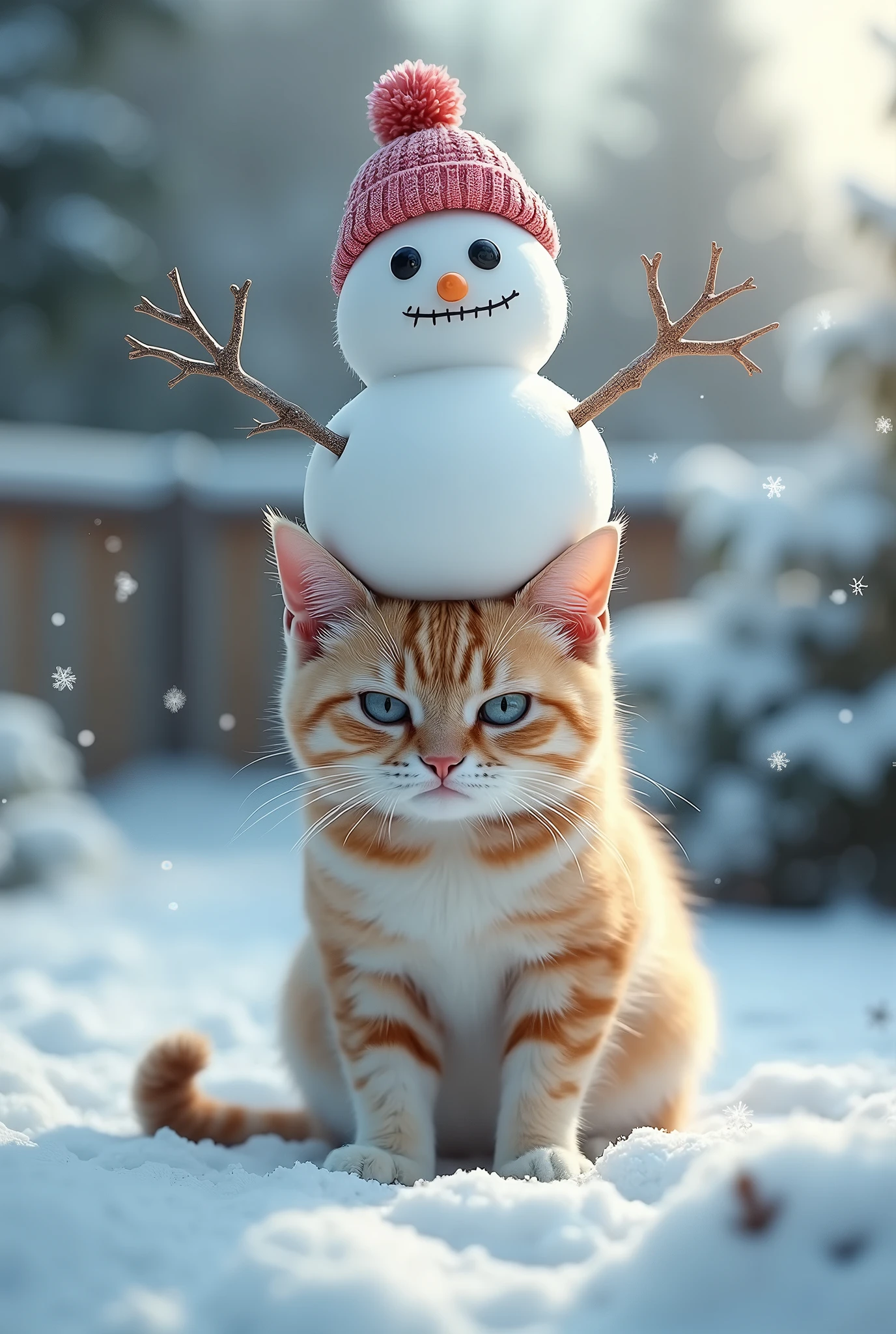 snowy garden、Cat with a snowman on its head、Dissatisfied face、Dissatisfied face、cute、Digital Art、photo、anger vein