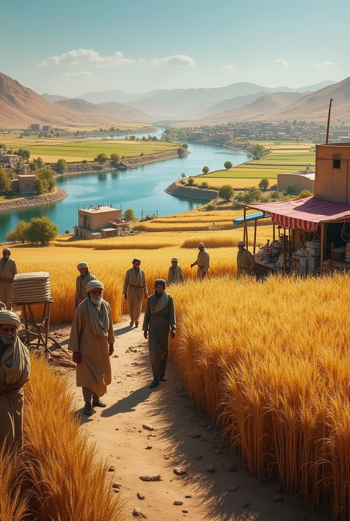 create a image in which written chenab trader grain market fortabbas and in background their is wheat and  cotton and farmer doing work on feild and picture looks realistic 