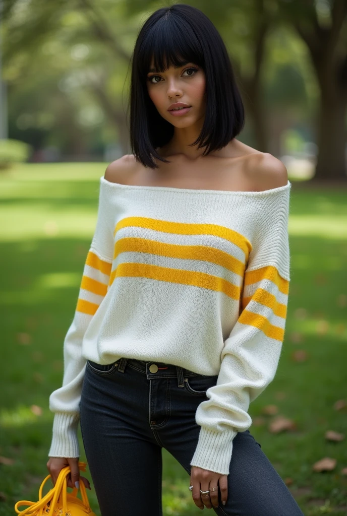 Sexy and hot beautiful brunette caribean latín girl, tanned skin, symetric eyes, perfect face, black bob hair, wearing a white sweater with horizontal yellow stripes, dark jeans, yellow Converse sneakers, in a park, ultra-detailed, full-body image