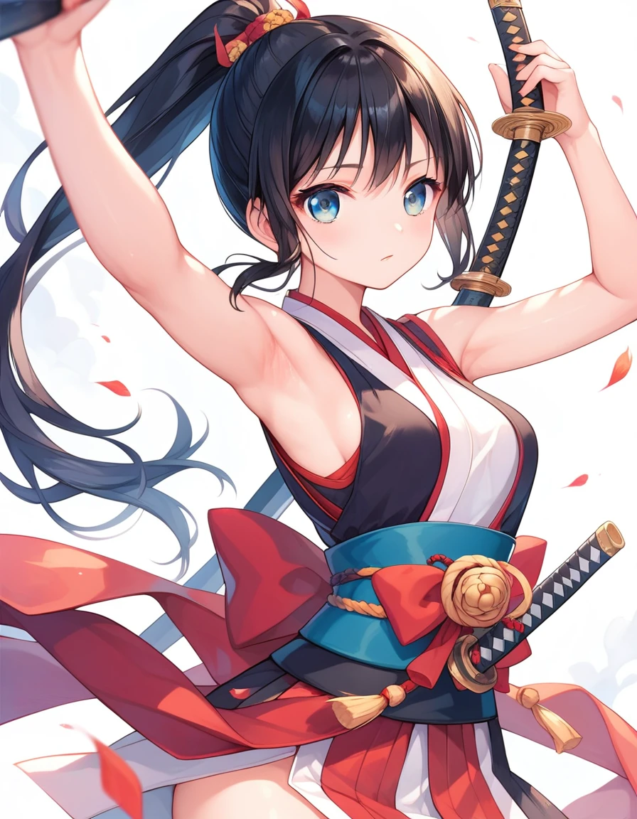 Masterpiece,best quality,Girl,anime, samurai, black hair, ponytail, simple sleeveless kimono, holding a wakizashi katana, showing armpits,