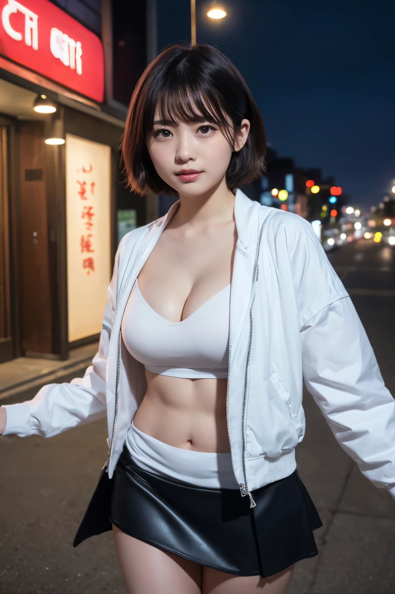 Tabletop, Highest quality, Ultra-high resolution,(Realistic:1.4) (Written boundary depth),(Lens Glow) ,1, white Jacket、White half-nasi:1.4, black leater skirt 、People in the background、night city, Japanese people women:1.3、short hair, A shy smile、mouth half open、Overchange、Tight Skirt:1.5、Sexy thighs:1.5、Healthy body shape、Beautiful bare legs、Rough skin、Full Body Shot、Cleavage、、Fair skin、Multiple moles、Sensational panties:1.5、blush:1.5、Shooting from below、little fat, short height