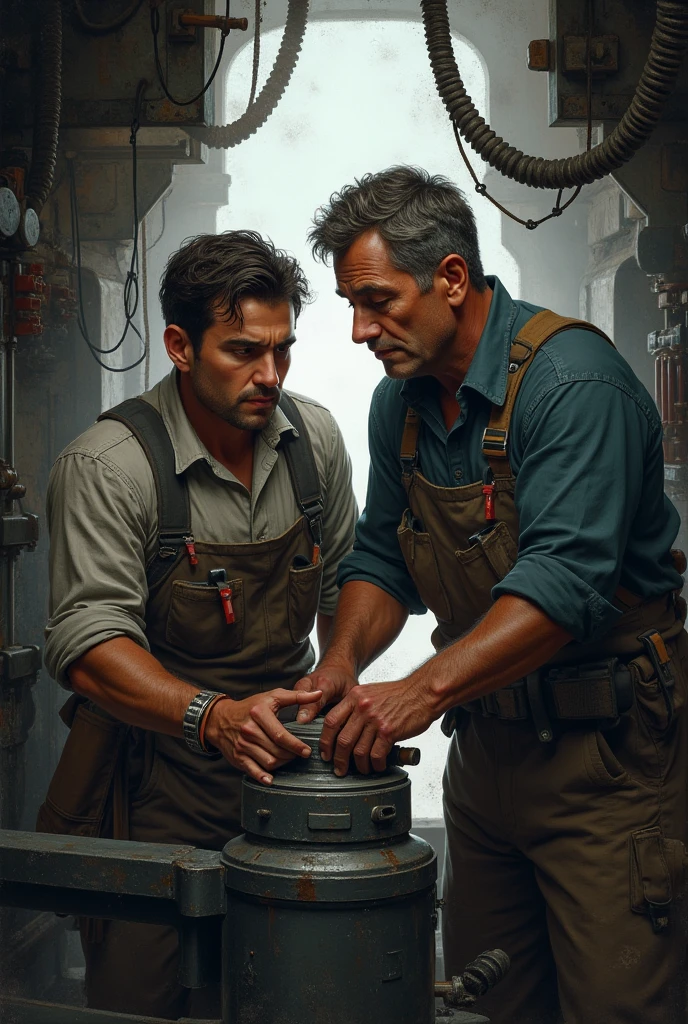 A young man and a middle-aged man are working hard together. Inside a ship.