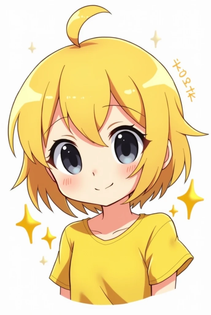 Can you generate a logo of Anime having short blonde hair and wearing a yellow top with black eyes