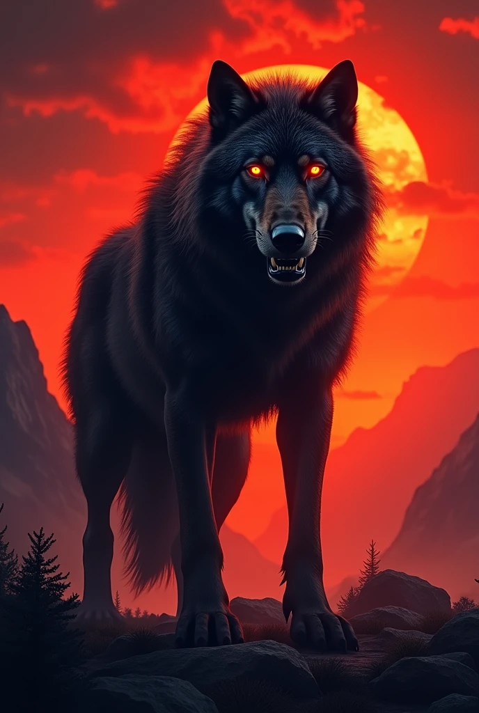 Dark wolf in red dark sunset 