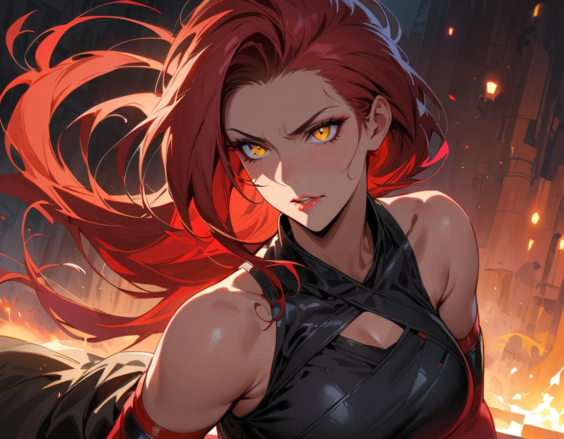 Long red hair, yellow eyes, evil, sexy, black and red clothes, tied hair, cute hairstyle, evil face, evil, serious look, gloss lips, sit, sinister, front look, bloody, gloves, beautiful eyes, short dress, big white, dark place, night, sensual, straigh hair cut, clear skin, evil, young 30 years girl, adult girl, solo, red, very long hair, HAIR DOWN, ANKLE LENGTH HAIR, FIERCE EXPRESSION, villain, handsome older WOMAN，crimson-eyes，crimson pupils，Long CRIMSONhair，Hyperresolution，accuracy，Detailed rendering，（Subtle facial image）（Image of fine hair）（topquality）（Masterpieces of masters）（High degree of completeness）（A sense of atmosphere）tmasterpiece，Super detailed and super detailed（portrait))(((Mature woman))) (((Villain))) (((Older female)))(((half body view)))(((Hair tied back into a long ponytail)))(((lATEX STREET FIGHTER OUTFIT)))