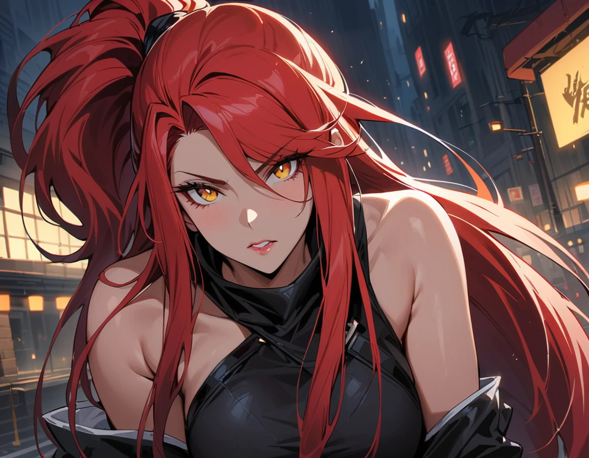 Long red hair, yellow eyes, evil, sexy, black and red clothes, tied hair, cute hairstyle, evil face, evil, serious look, gloss lips, sit, sinister, front look, bloody, gloves, beautiful eyes, short dress, big white, dark place, night, sensual, straigh hair cut, clear skin, evil, young 30 years girl, adult girl, solo, red, very long hair, HAIR DOWN, ANKLE LENGTH HAIR, FIERCE EXPRESSION, villain, handsome older WOMAN,crimson-eyes,crimson pupils,Long CRIMSONhair,Hyperresolution,accuracy,Detailed rendering,(Subtle facial image)(Image of fine hair)(topquality)(Masterpieces of masters)(High degree of completeness)(A sense of atmosphere)tmasterpiece,Super detailed and super detailed(portrait))(((Mature woman))) (((Villain))) (((Older female)))(((half body view)))(((Hair tied back into a long ponytail)))(((lATEX STREET FIGHTER OUTFIT)))