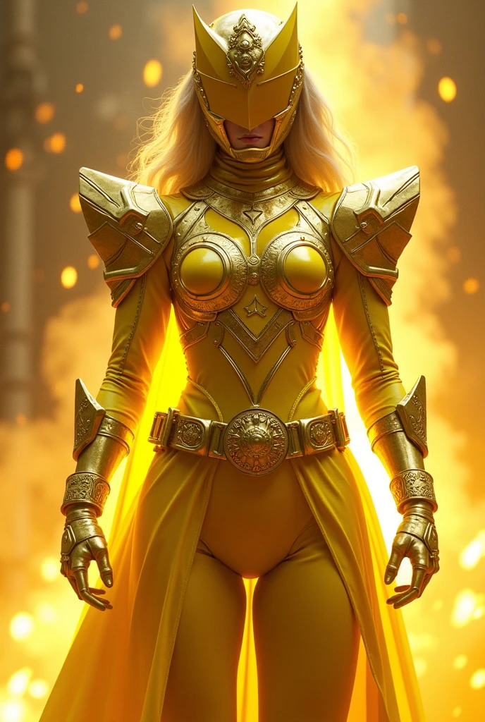 Yellow Power Ranger girl with full shining armor covering her whole body and face and hair hidden