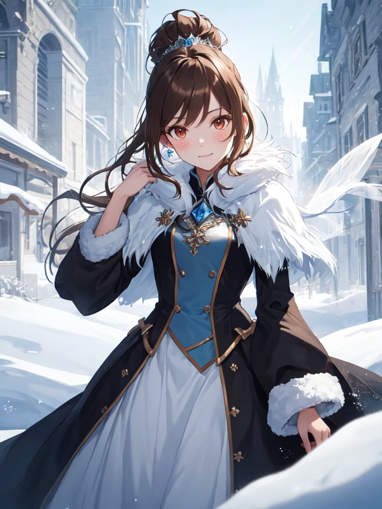Ice Country, The snow queen, Cute face:1.5, petite:1.5, , long hair:1.5, pony tail, Brown Hair, uhd, masterpiece, accurate, anatomically correct, textured skin, super detail, high details, high quality, best quality, highres, 16K