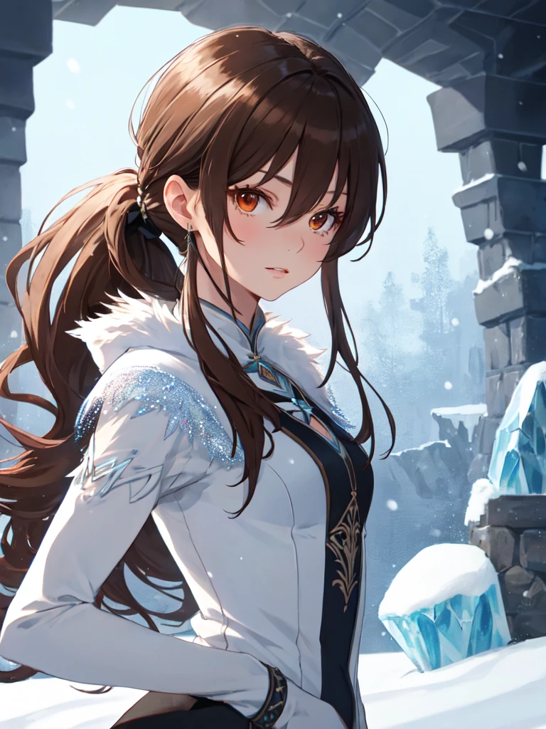 Ice Country, The snow queen, Cute face:1.5, petite:1.5, , long hair:1.5, pony tail, Brown Hair, uhd, masterpiece, accurate, anatomically correct, textured skin, super detail, high details, high quality, best quality, highres, 16K