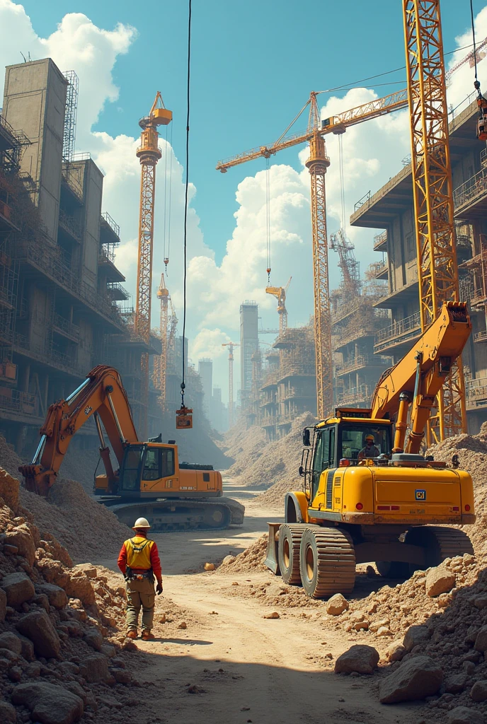 "Create a vibrant scene with diggers, loaders, and cranes hidden for spotting."