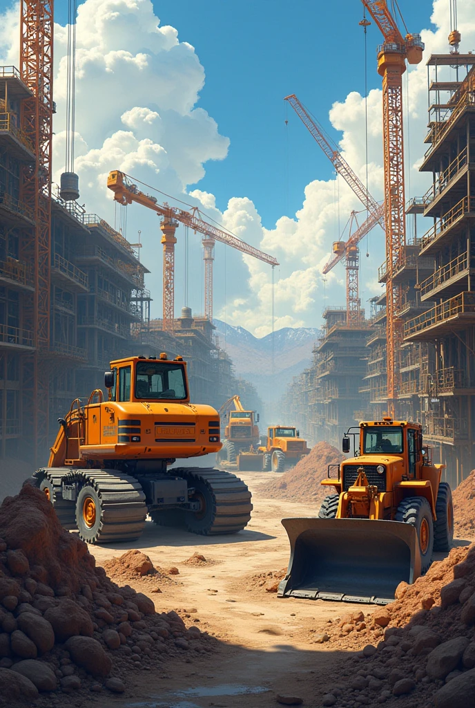 "Create a vibrant scene with diggers, loaders, and cranes hidden for spotting."